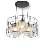 Wire Pendant lamp with three glass globes inside a round black metal wire frame, suspended from a black ceiling mount