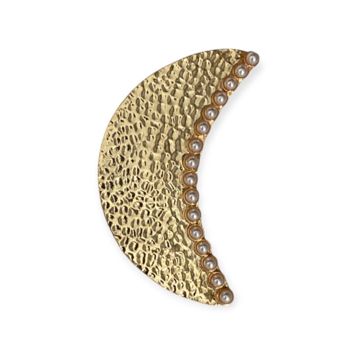 Golden crescent pearl ring with hand-hammered finish