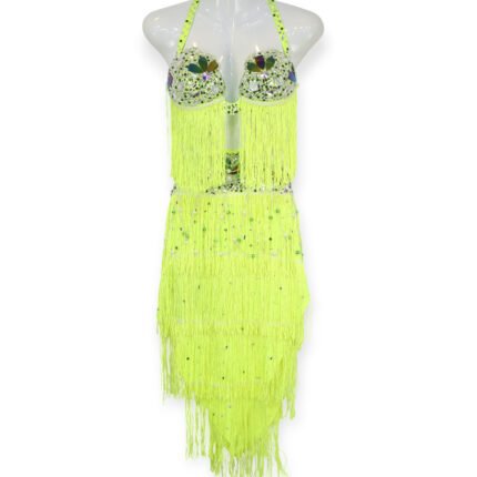 Neon Mirage lime green belly dance costume with fringe