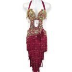 Crimson Spark red belly dance costume with gold crystals
