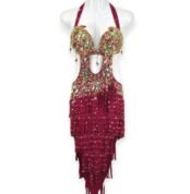 Crimson Spark red belly dance costume with gold crystals
