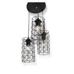 Termision Pendant lamp with three exposed bulbs inside cylindrical black geometric wire frames hanging from a black ceiling mount
