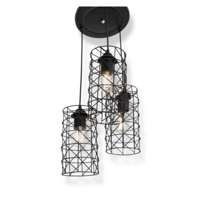 Termision Pendant lamp with three exposed bulbs inside cylindrical black geometric wire frames hanging from a black ceiling mount