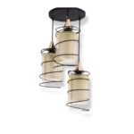 Spiral Pendant lamp with three cylindrical glass shades wrapped in matte black spiral frames, suspended from a black ceiling plate
