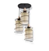 Spiral Pendant lamp with three cylindrical glass shades wrapped in matte black spiral frames, suspended from a black ceiling plate
