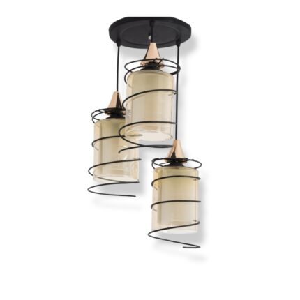 Spiral Pendant lamp with three cylindrical glass shades wrapped in matte black spiral frames, suspended from a black ceiling plate