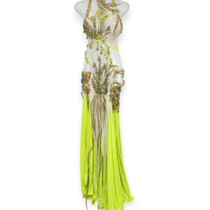 Lime Radiance neon yellow belly dance costume with fringe
