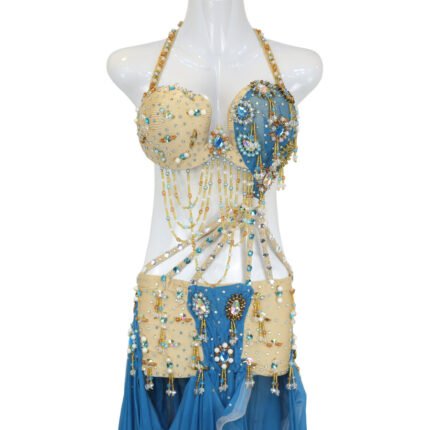 Azure Cascade blue and beige belly dance costume with beads
