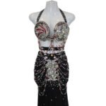 Black Onyx Gleam belly dance costume with silver accents