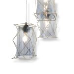 Crystal Grid chandelier with two cylindrical glass shades wrapped in geometric gold metal frames, suspended vertically