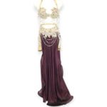 Maroon Royal Shimmer belly dance costume with gold accents