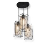 Termision Golden pendant lamp with three oval glass shades encased in gold-plated rectangular metal frames hanging from a round black ceiling mount