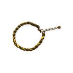 Gold-tone bracelet with laurel leaf-shaped links and adjustable chain on white background