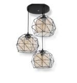 Termision Matte Black pendant lamp with three glass globes encased in black geometric metal cages hanging from a round ceiling mount