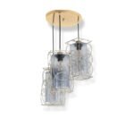 Termision Gold pendant lamp with three tinted glass shades and gold-plated geometric frames suspended from a round ceiling base