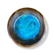 Medium Wood Resin Bowl with a vibrant blue swirl design.