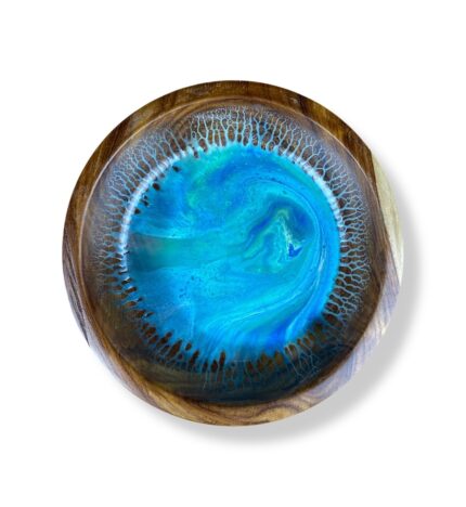 Medium Wood Resin Bowl with a vibrant blue swirl design.