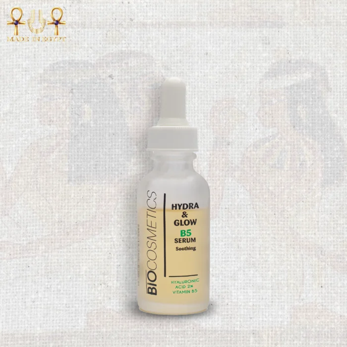 Hydra & Glow B5 serum with hyaluronic acid in a frosted glass dropper bottle, upright on textured background.