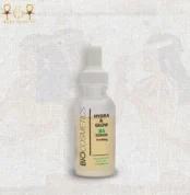 Hydra & Glow B5 serum with hyaluronic acid in a frosted glass dropper bottle, upright on textured background.