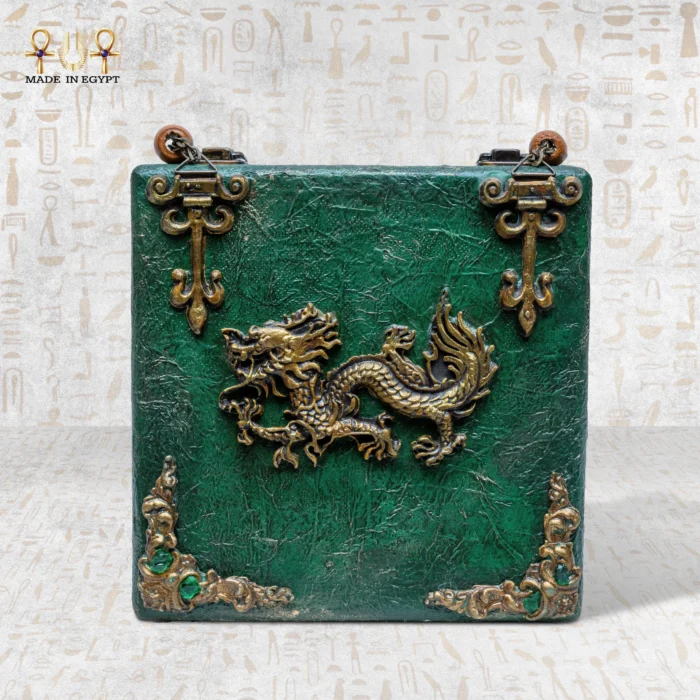 Handcrafted green wooden bag with golden dragon motif and antique metal ornaments