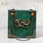 Green wooden bag with golden dragon and antique chain handle