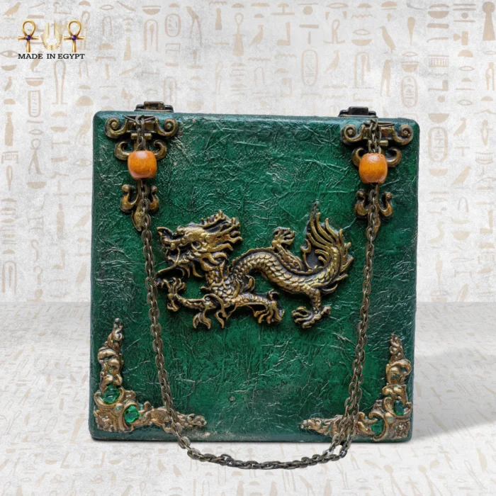 Green wooden bag with golden dragon and antique chain handle