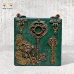 Artistic green bag with antique key and coin designs on back