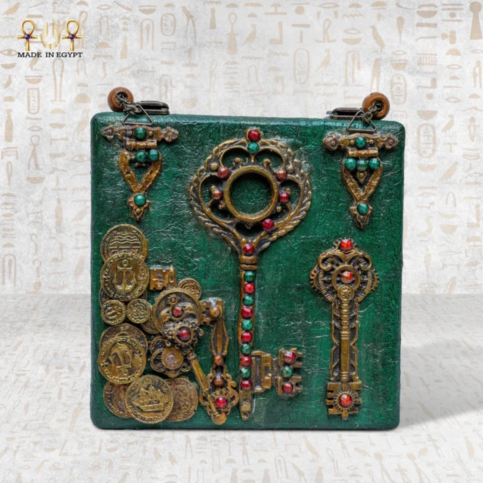 Artistic green bag with antique key and coin designs on back
