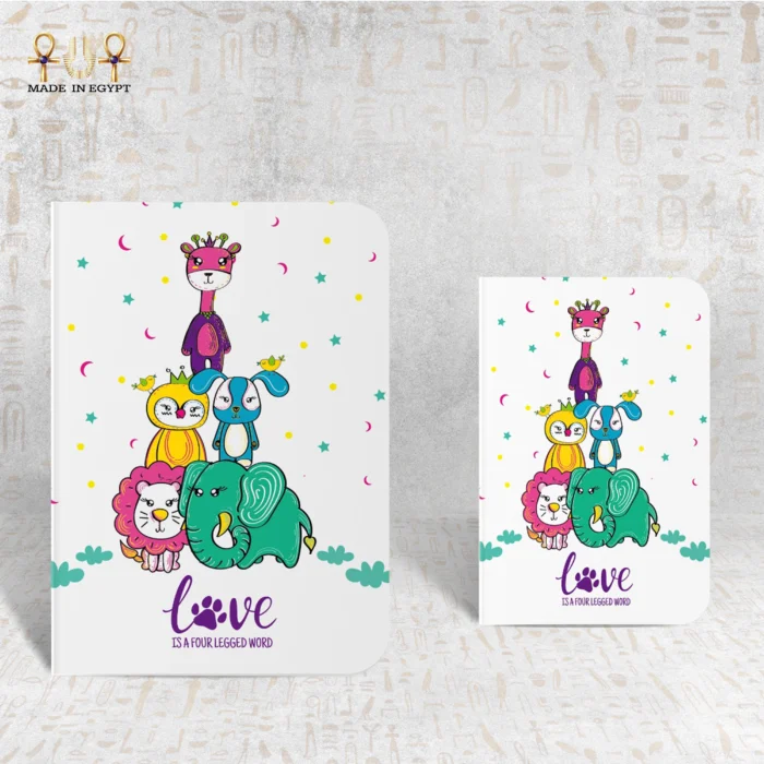 Animal Love notebook with colorful illustrated animals stacked together on a white cover.