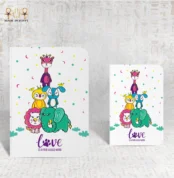 Animal Love notebook with colorful illustrated animals stacked together on a white cover.