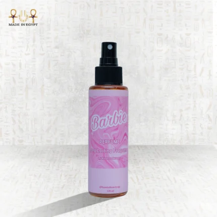 Barbie perfume bottle 120ml with pink marbled label and black spray cap.