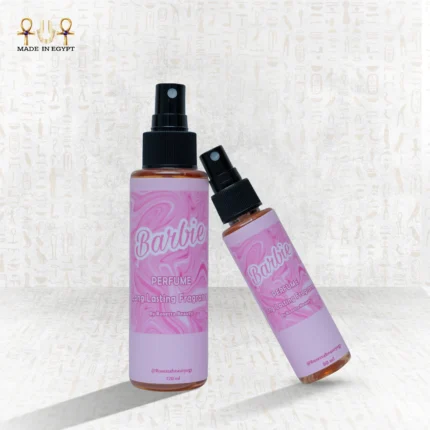 Barbie perfume bottles 120ml and 60ml with pink marbled labels displayed together.
