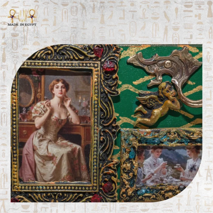 Close-up of vintage framed portraits and a cherub detail on the Cabinet of Secrets drawer unit.