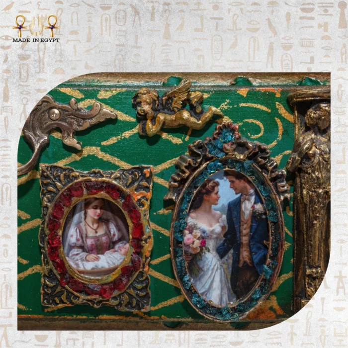 Close-up of a drawer featuring cherubs and oval portraits depicting life stages on the Cabinet of Secrets.