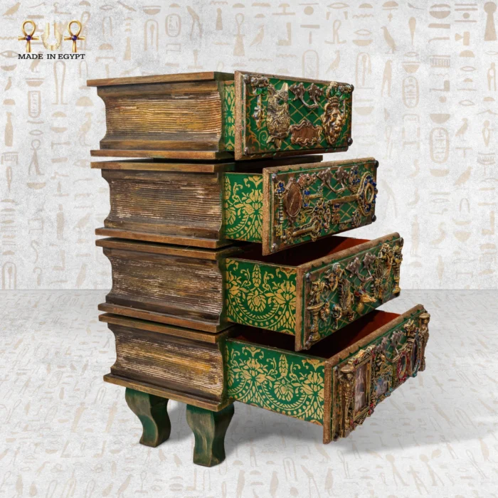 Angled side view of the Cabinet of Secrets showing its layered book-shaped drawers partially open.