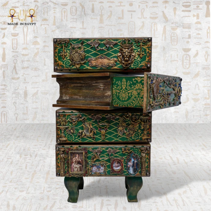 Cabinet of Secrets side view with one drawer open, revealing interior patterns.