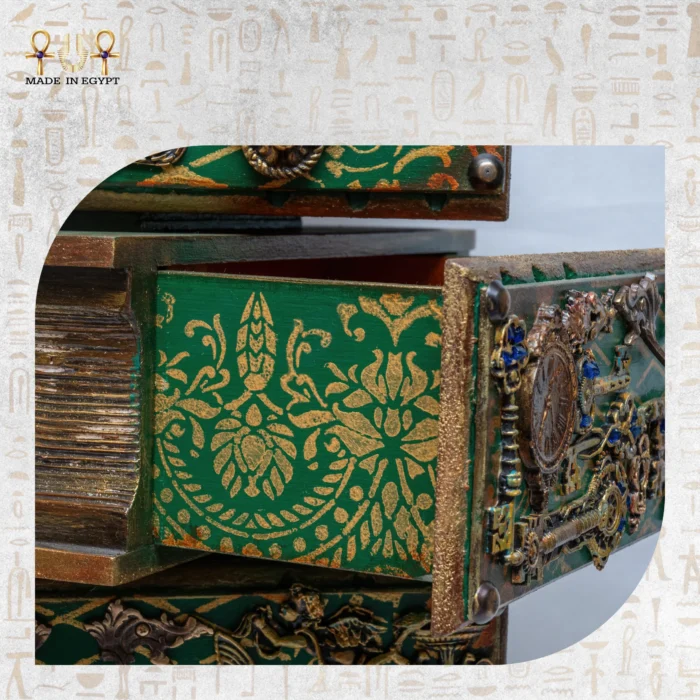 Close-up of intricate golden patterns on the Cabinet of Secrets drawer.