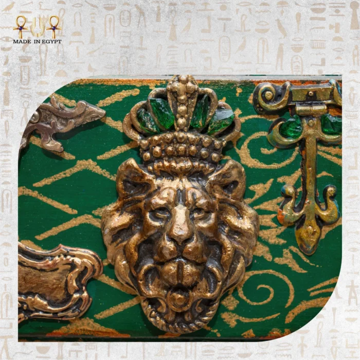 Close-up of crowned lion ornament on the Cabinet of Secrets.