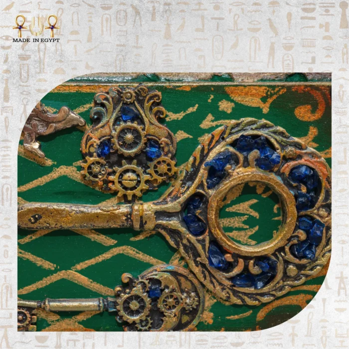 Close-up of antique keys and mechanical gears on the Cabinet of Secrets.