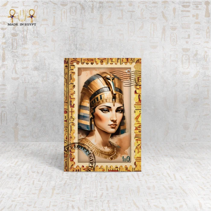Cleopatra notebook with golden queen illustration and hieroglyphic border