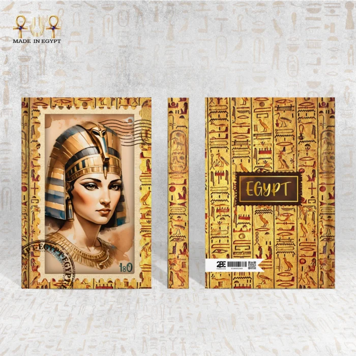 Cleopatra notebook front and back with queen portrait and hieroglyphic design