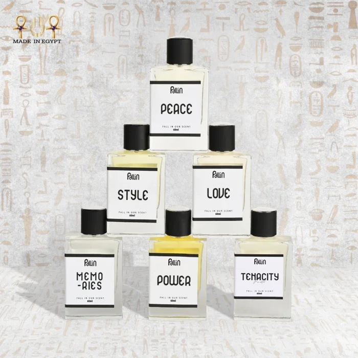 Fallin perfume collection featuring Peace, Style, Love, Memories, Power, and Tenacity bottles – Made in Egypt.