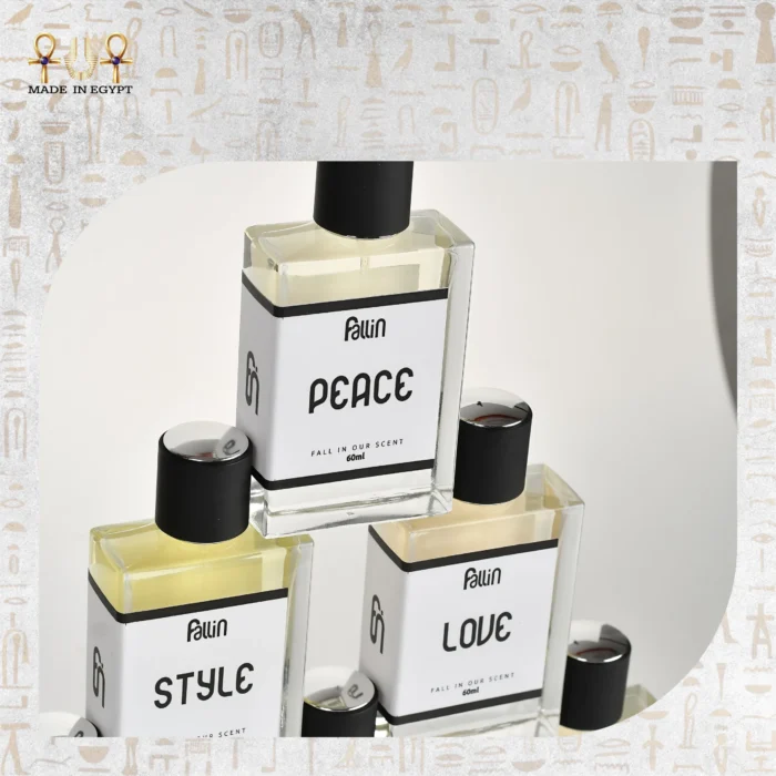 Close-up of Fallin perfumes – Peace, Style, and Love fragrance bottles