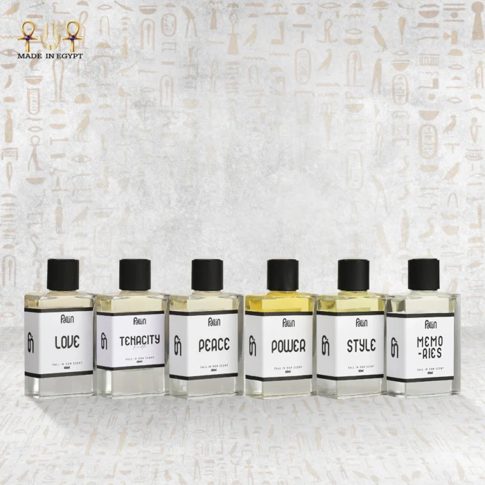 Fallin fragrance bottles lineup – Love, Tenacity, Peace, Power, Style, and Memories perfumes.