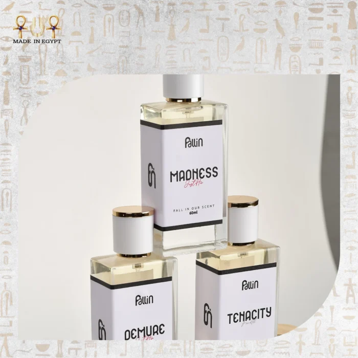 Close-up of Fallin perfumes – Madness, Demure, and Tenacity bottles