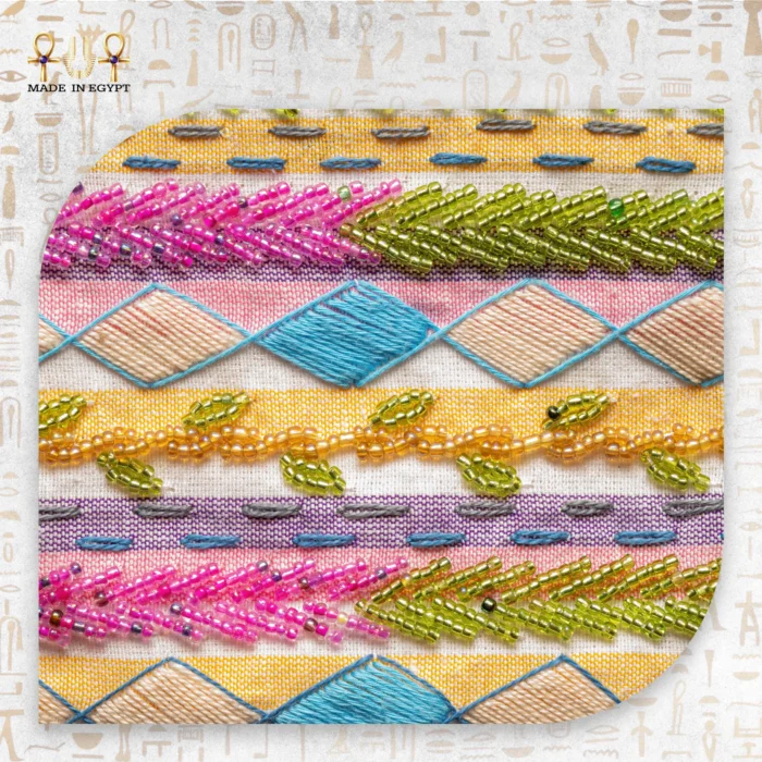 Close-up of Colorful Embroidery Design on Pouch.