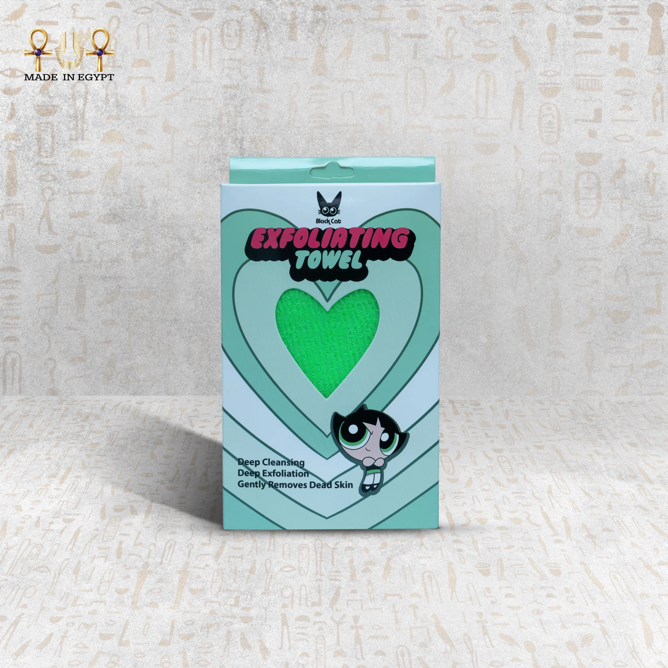 Green Deep Exfoliating Towel in packaging by Black Cat Green Deep Exfoliating Towel in packaging by Black Cat