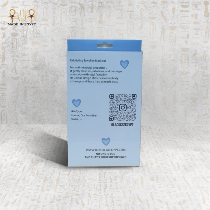 Back view of Blue Deep Exfoliating Towel packaging by Black Cat, showing QR code and product information.