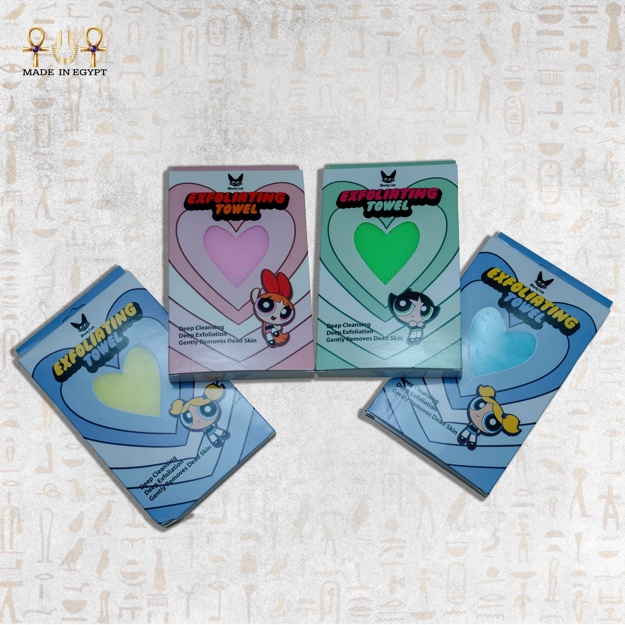 Deep Exfoliating Towel Pack – Powerpuff Girls Design Deep Exfoliating Towel Pack featuring pastel colors (pink, green, blue, and yellow), front view with Powerpuff Girls cartoon design.