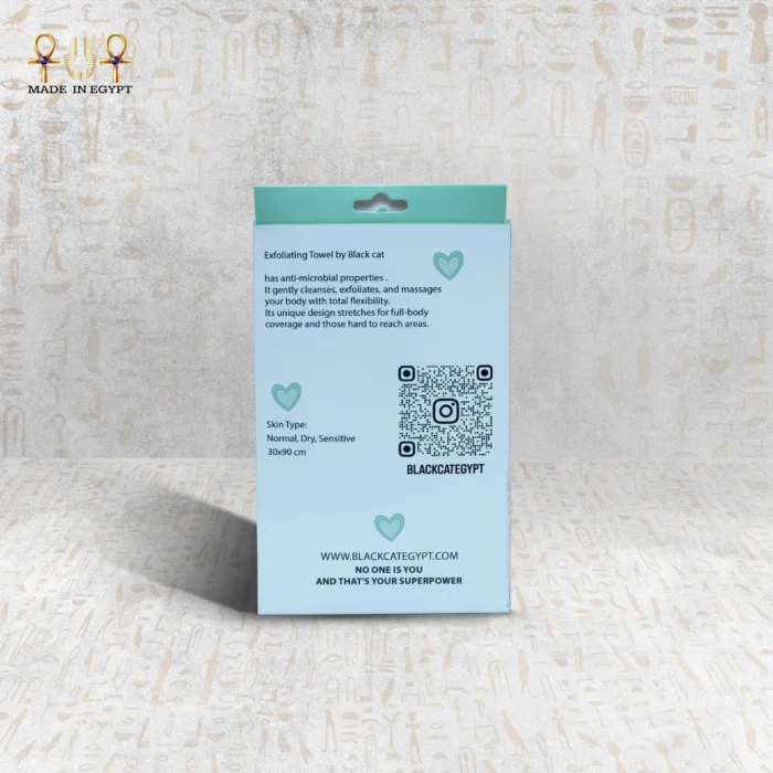 Back view of Green Deep Exfoliating Towel packaging by Black Cat, showing product details and QR code.